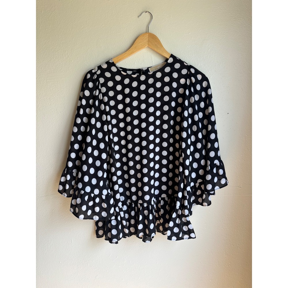 Michael Kors Womens Black White Polka Dot Ruffle Sleeve Peplum Blouse Small‎